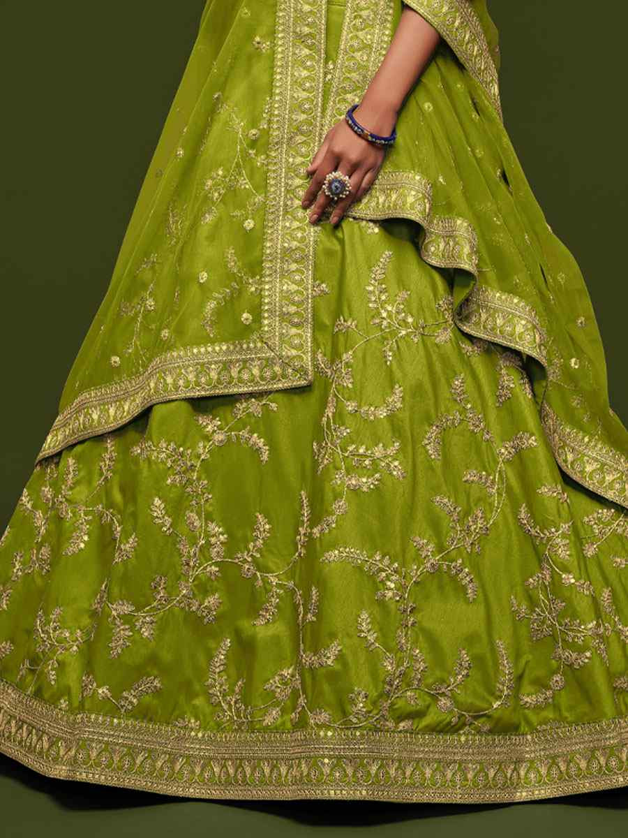 Neon Green Art Silk Embroidered Wedding Reception Festival Heavy Border Lehenga Choli