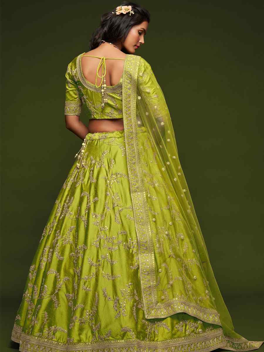 Neon Green Art Silk Embroidered Wedding Reception Festival Heavy Border Lehenga Choli