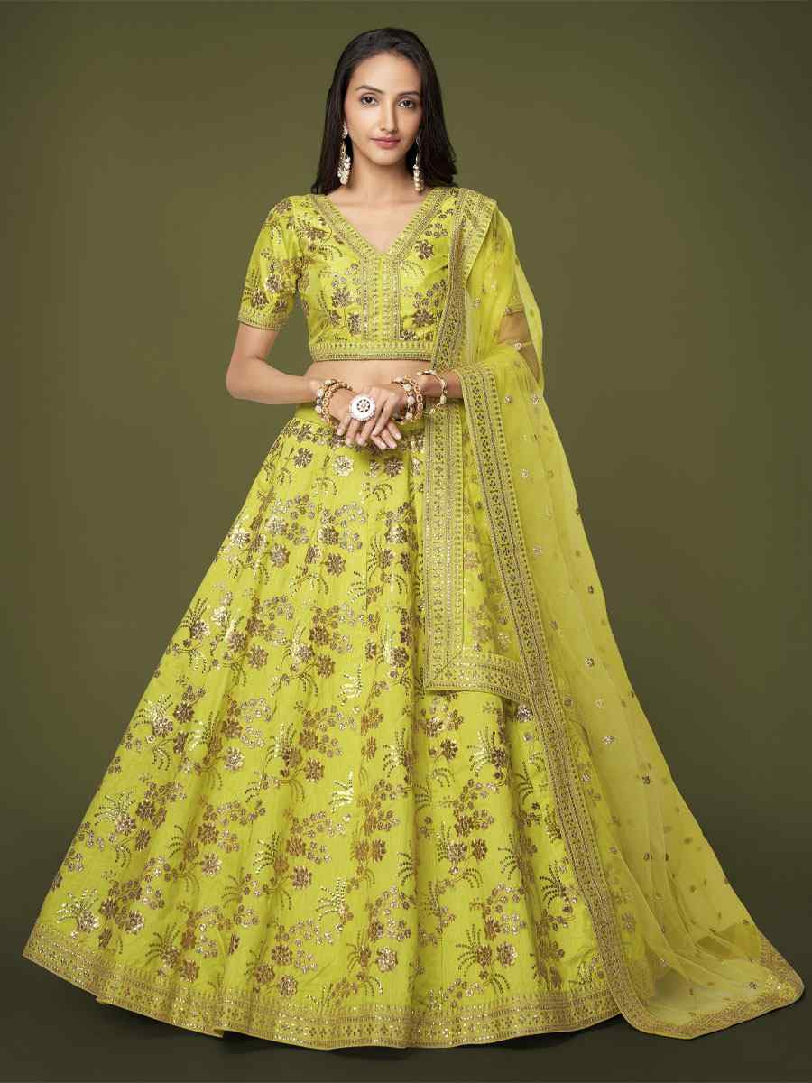 Neon Green Slub Silk Embroidered Wedding Reception Festival Heavy Border Lehenga Choli