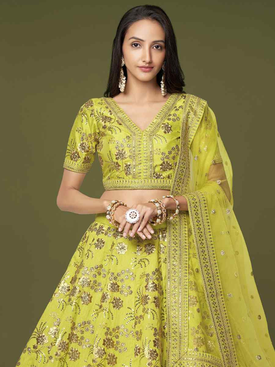 Neon Green Slub Silk Embroidered Wedding Reception Festival Heavy Border Lehenga Choli