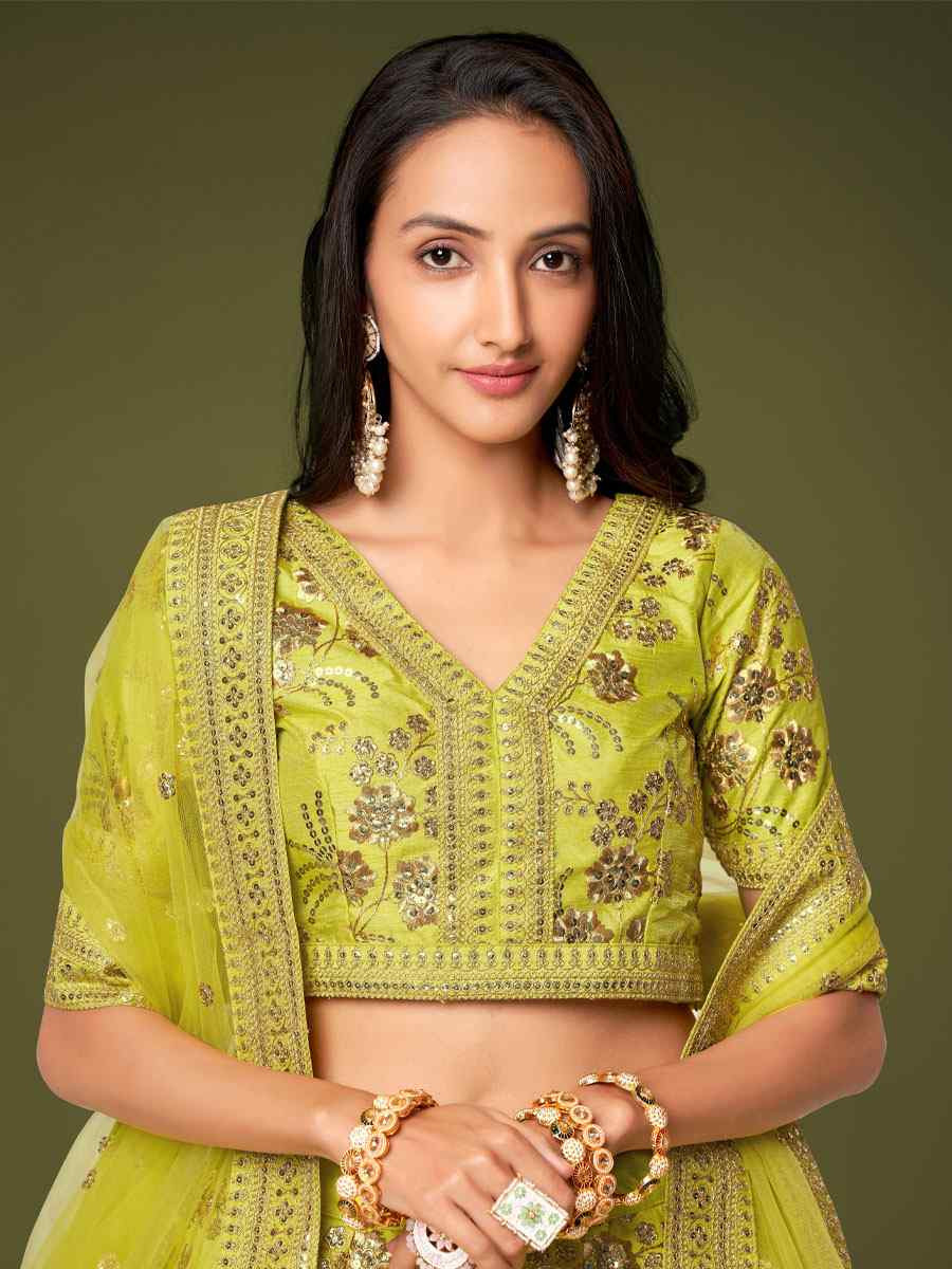 Neon Green Slub Silk Embroidered Wedding Reception Festival Heavy Border Lehenga Choli