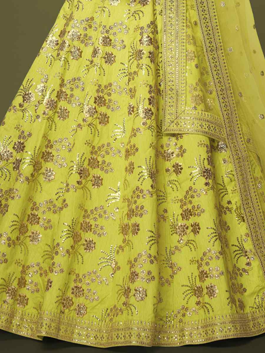 Neon Green Slub Silk Embroidered Wedding Reception Festival Heavy Border Lehenga Choli
