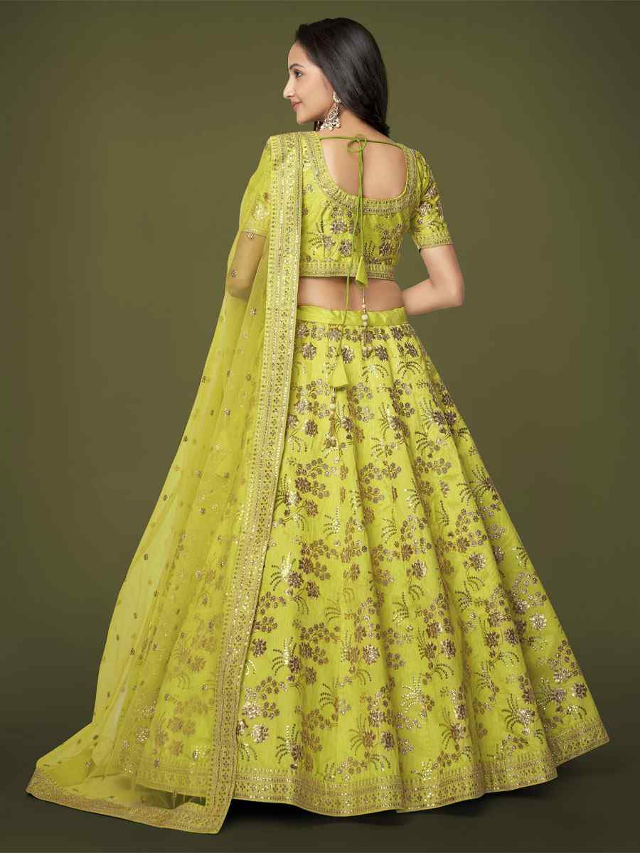 Neon Green Slub Silk Embroidered Wedding Reception Festival Heavy Border Lehenga Choli