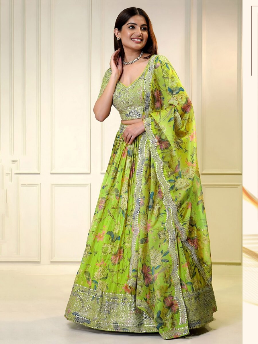 Neon Organza Embroidery Zari Sequins Floral Print Wedding Reception Party Festival Heavy Border Lehenga Choli