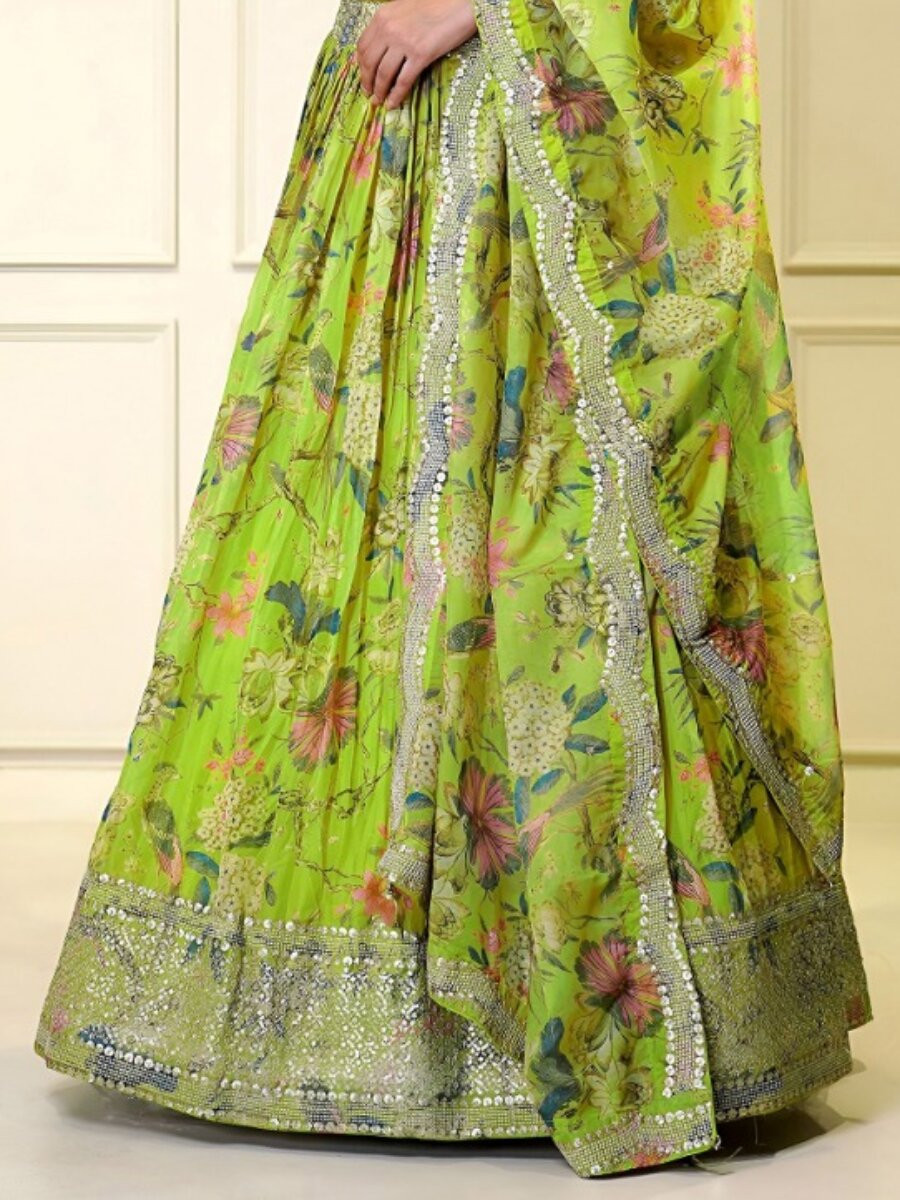 Neon Organza Embroidery Zari Sequins Floral Print Wedding Reception Party Festival Heavy Border Lehenga Choli