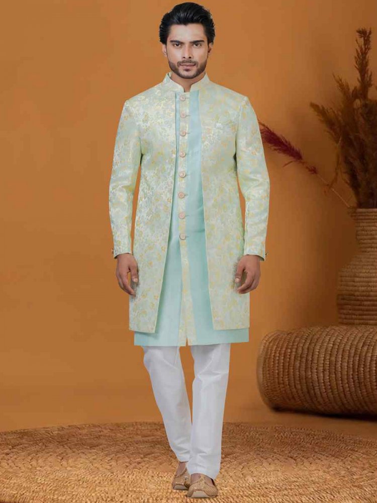 Neon Sky Jacquard Silk Woven Groom Wedding Sherwani