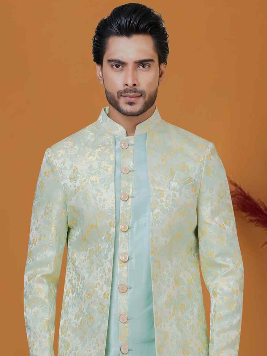 Neon Sky Jacquard Silk Woven Groom Wedding Sherwani