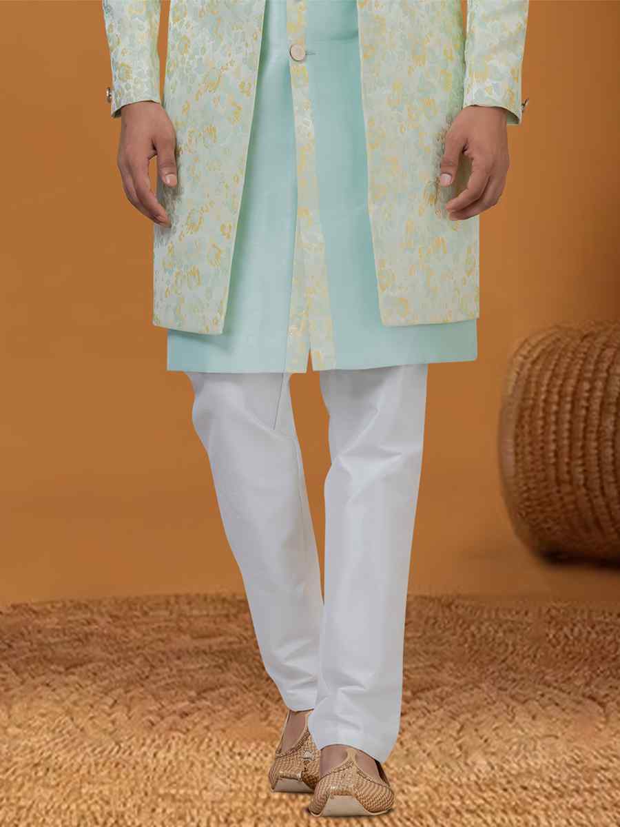 Neon Sky Jacquard Silk Woven Groom Wedding Sherwani