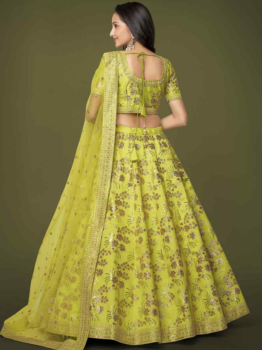 Neon Slub Silk Embroidered Engagement Wedding Heavy Border Lehenga Choli