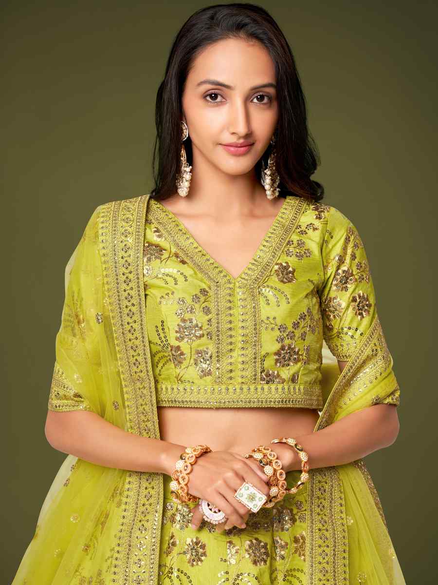 Neon Slub Silk Embroidered Engagement Wedding Heavy Border Lehenga Choli
