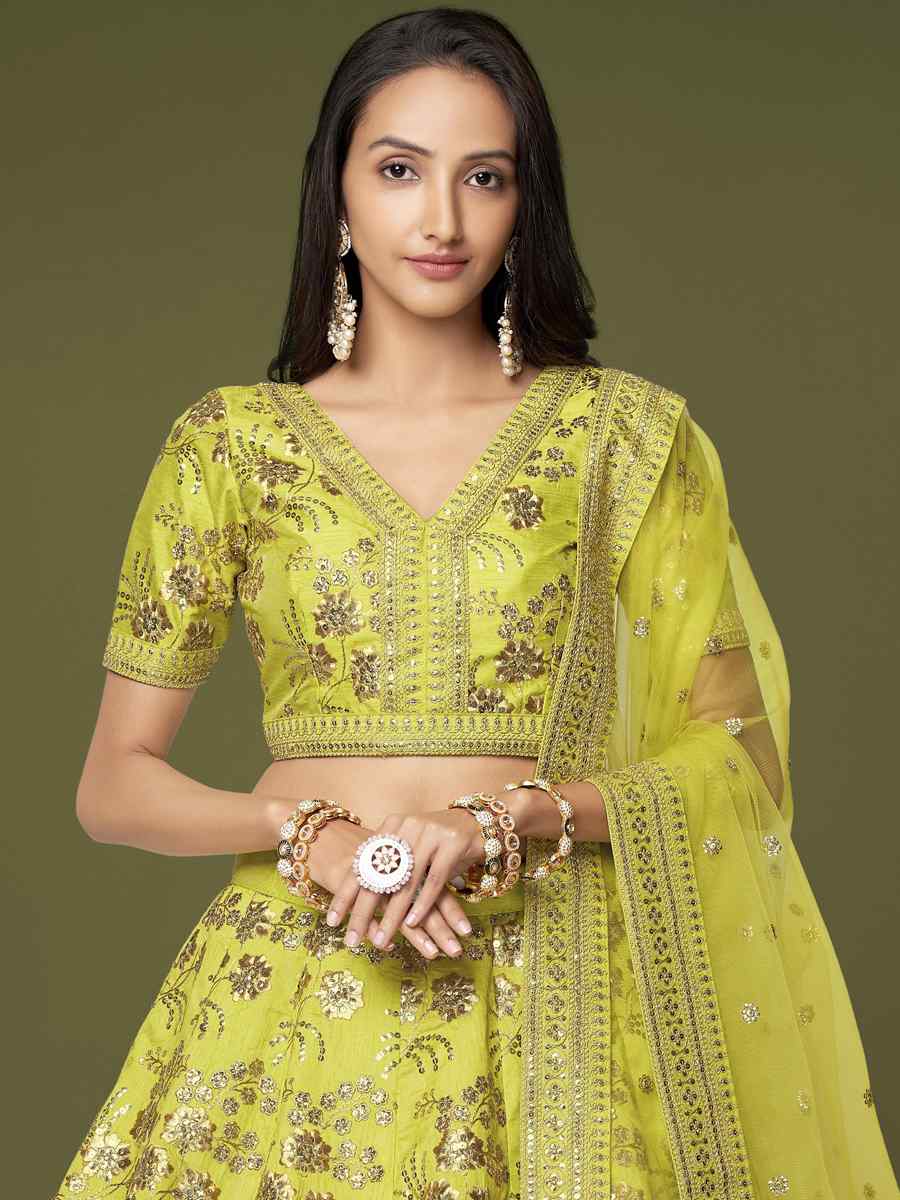 Neon Slub Silk Embroidered Engagement Wedding Heavy Border Lehenga Choli