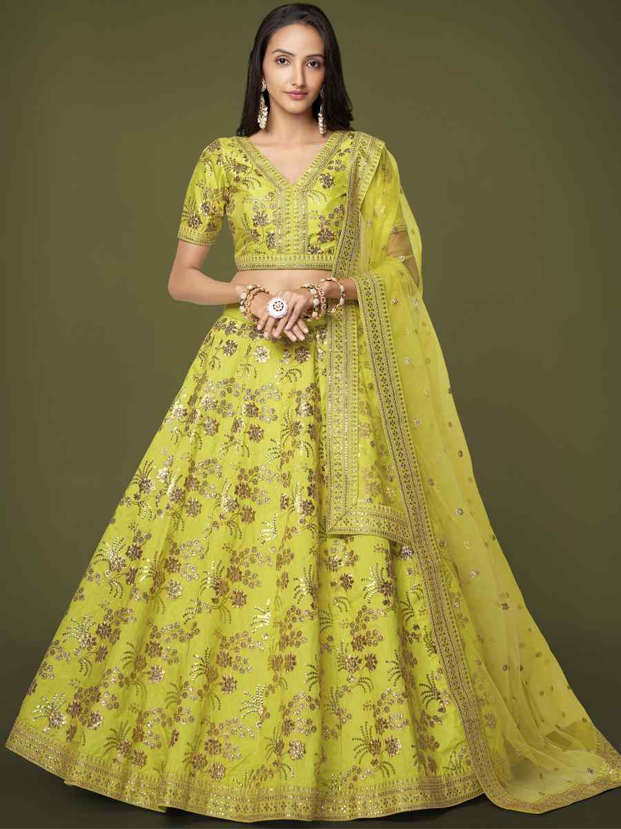 Neon Slub Silk Embroidered Engagement Wedding Heavy Border Lehenga Choli