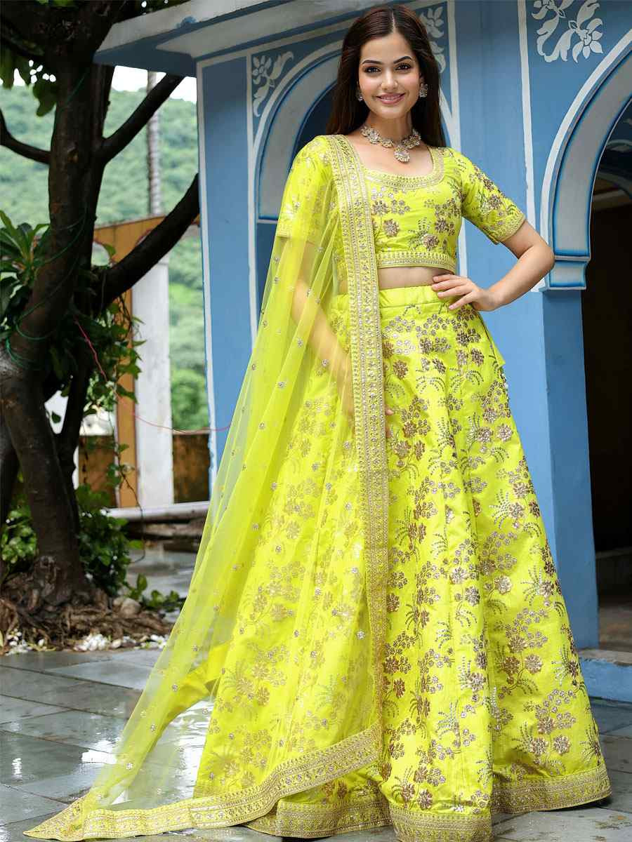 Neon Slub Silk Embroidered Festival Wedding Party Reception Heavy Border Lehenga Choli
