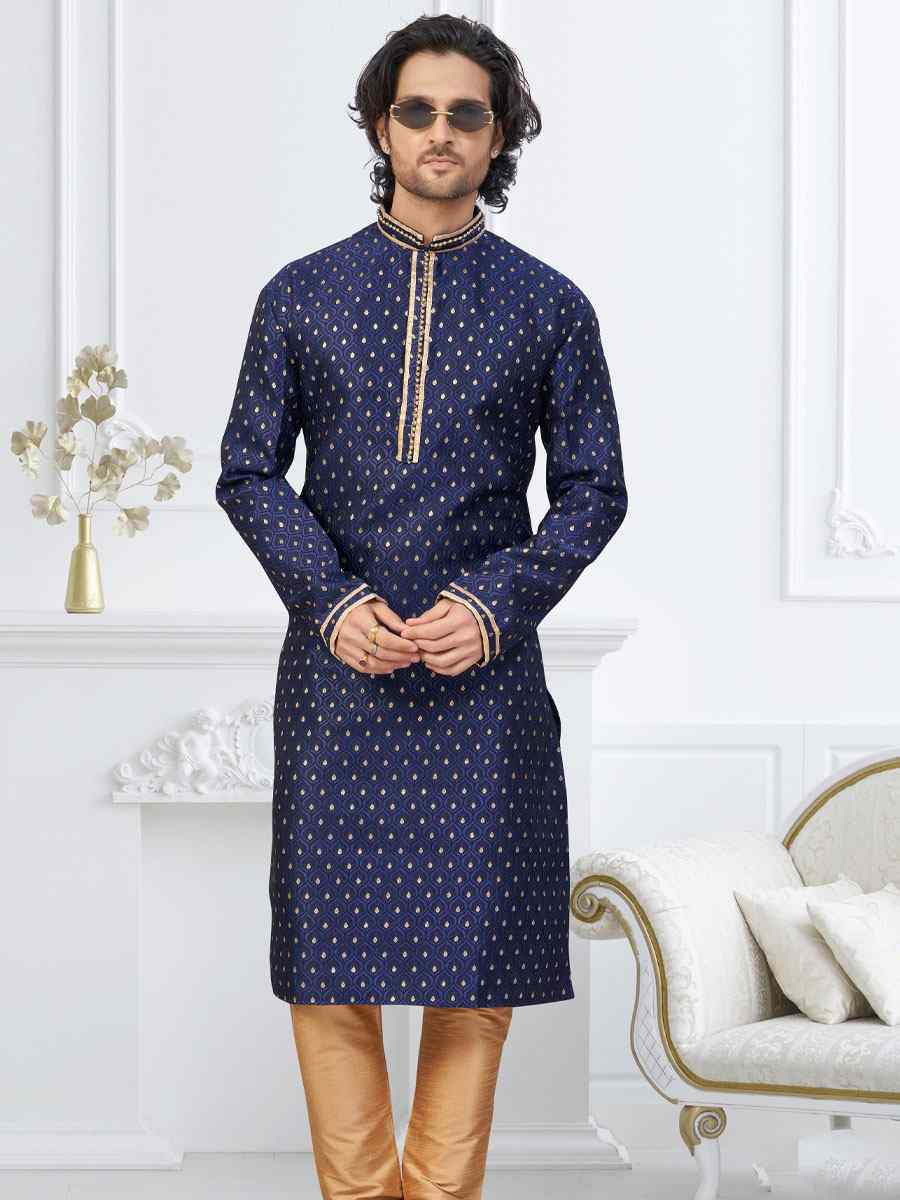 Nevy Blue Banarasi Jackard Embroidery Festival Wedding Party Mens Kurta