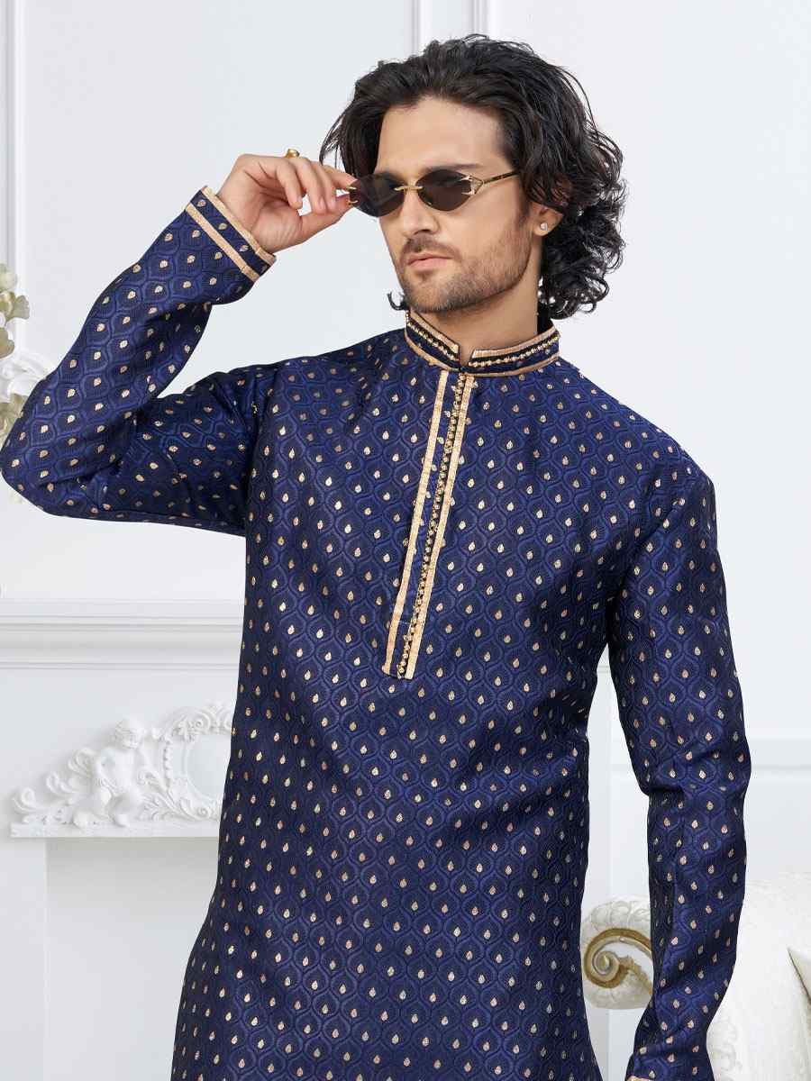 Nevy Blue Banarasi Jackard Embroidery Festival Wedding Party Mens Kurta