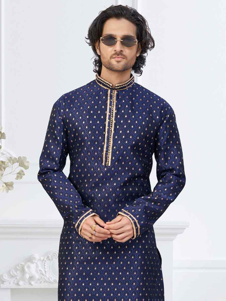 Nevy Blue Banarasi Jackard Embroidery Festival Wedding Party Mens Kurta
