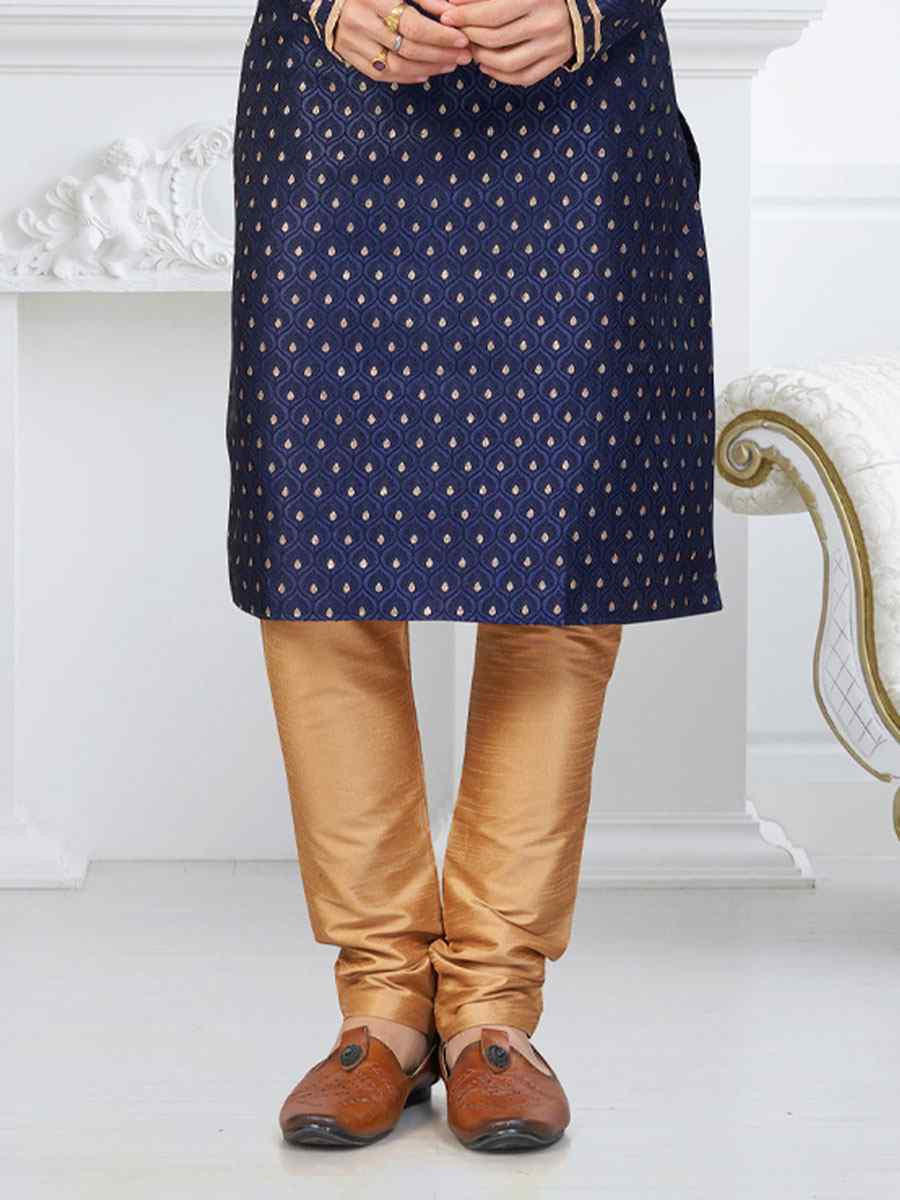 Nevy Blue Banarasi Jackard Embroidery Festival Wedding Party Mens Kurta