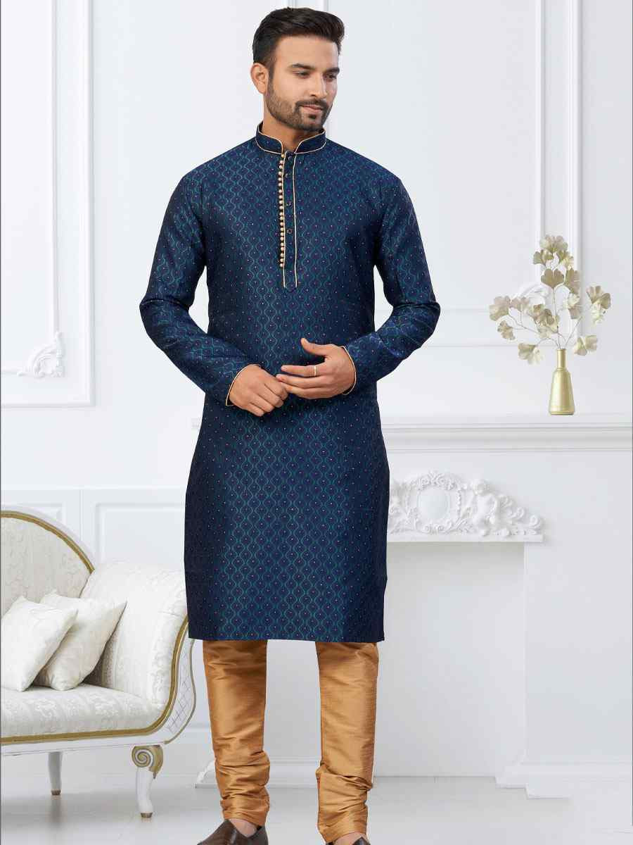 Nevy Blue Banarasi Jackard Embroidery Festival Wedding Party Mens Kurta