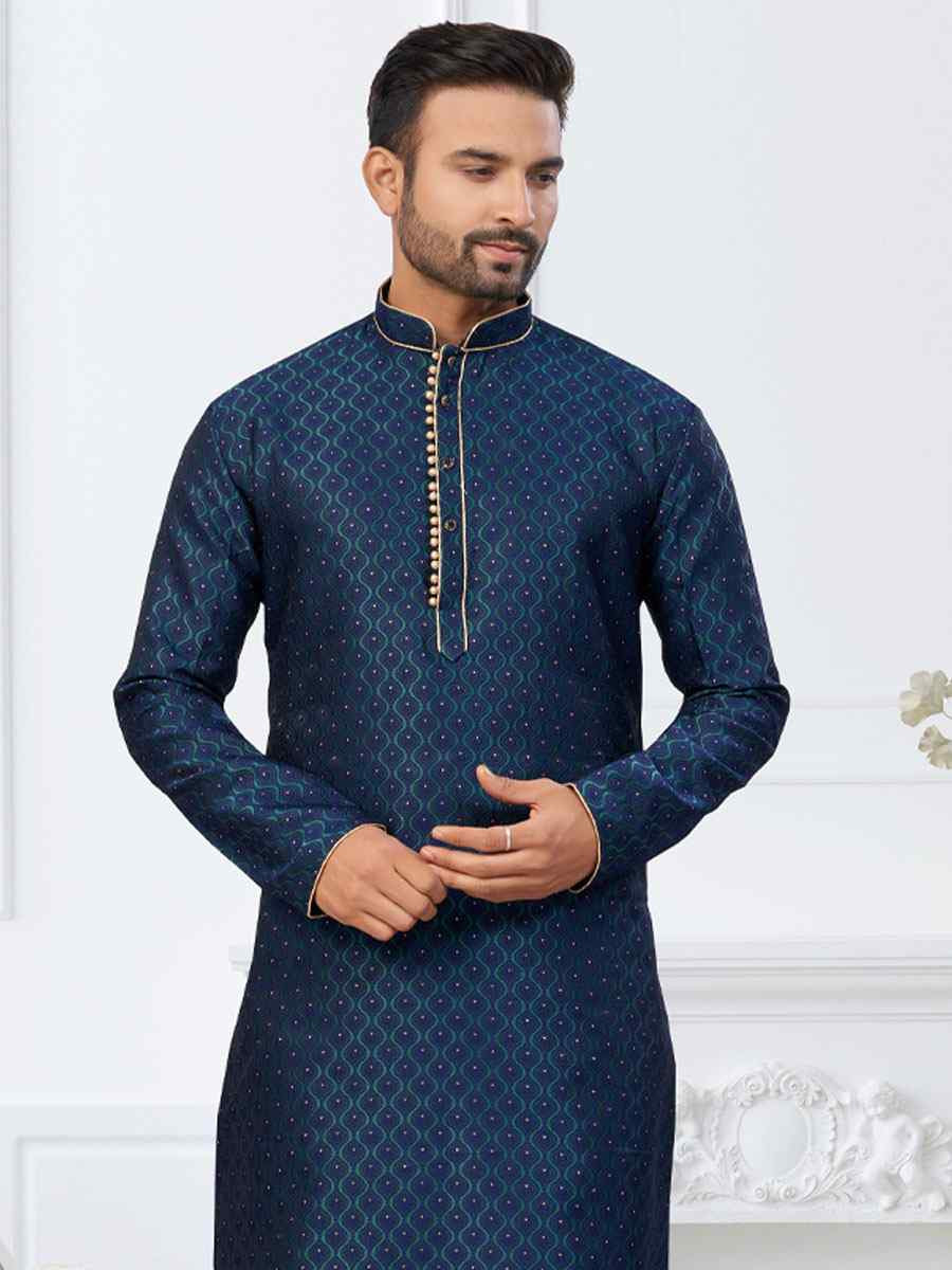 Nevy Blue Banarasi Jackard Embroidery Festival Wedding Party Mens Kurta