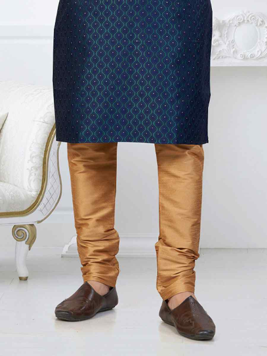 Nevy Blue Banarasi Jackard Embroidery Festival Wedding Party Mens Kurta