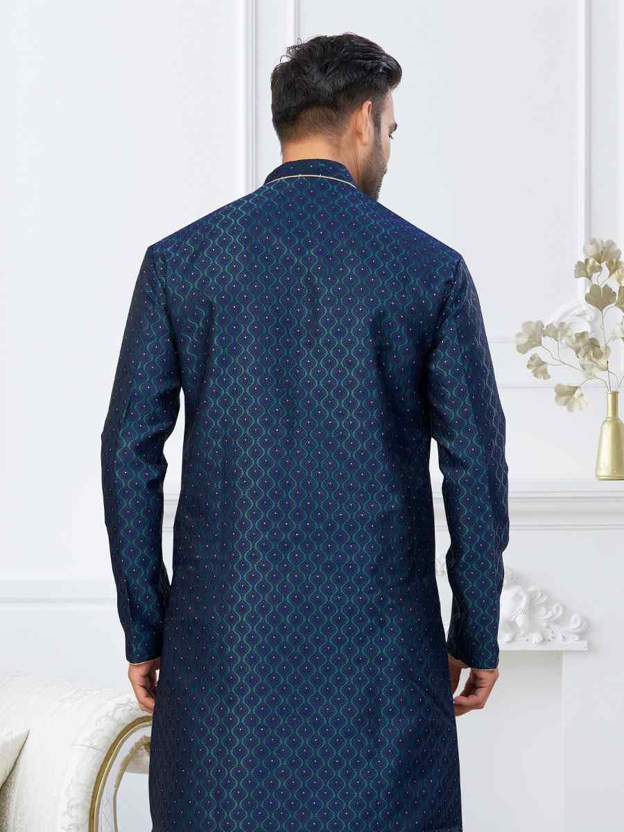 Nevy Blue Banarasi Jackard Embroidery Festival Wedding Party Mens Kurta