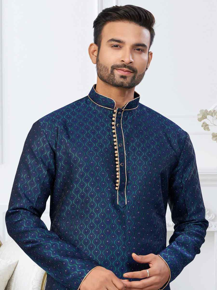 Nevy Blue Banarasi Jackard Embroidery Festival Wedding Party Mens Kurta