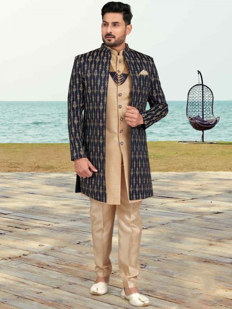 Nevy Blue Banarasi Silk Embroidered Wedding Festival Sherwani