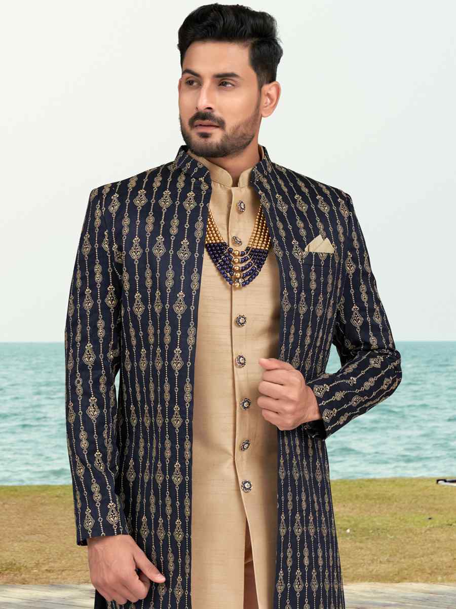 Nevy Blue Banarasi Silk Embroidered Wedding Festival Sherwani