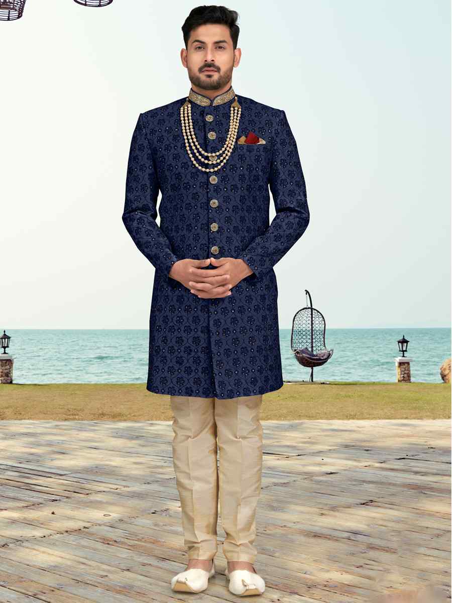Nevy Blue Banarasi Silk Embroidered Wedding Festival Sherwani