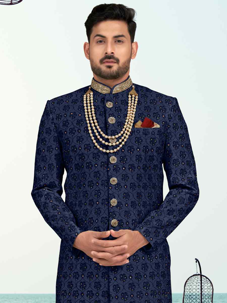 Nevy Blue Banarasi Silk Embroidered Wedding Festival Sherwani