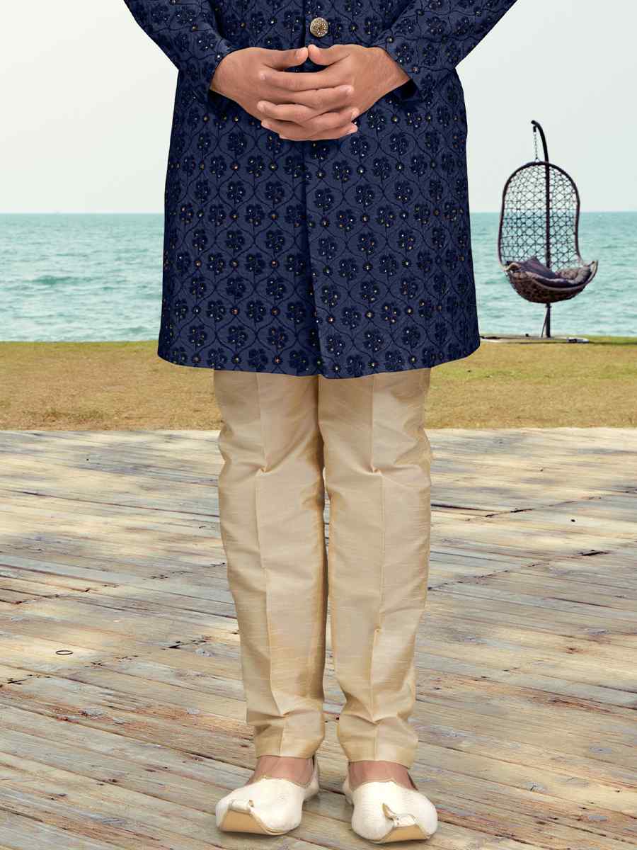 Nevy Blue Banarasi Silk Embroidered Wedding Festival Sherwani