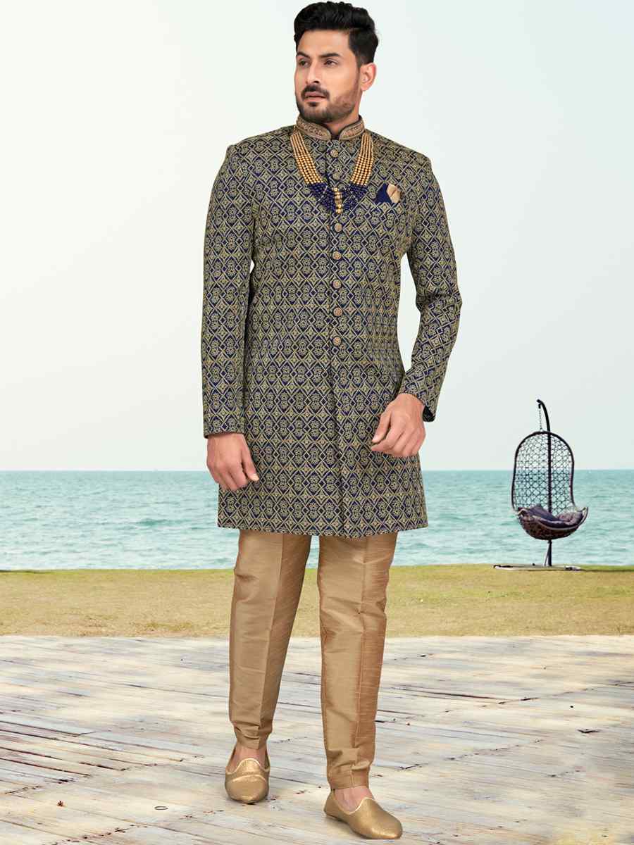 Nevy Blue Banarasi Silk Embroidered Wedding Festival Sherwani