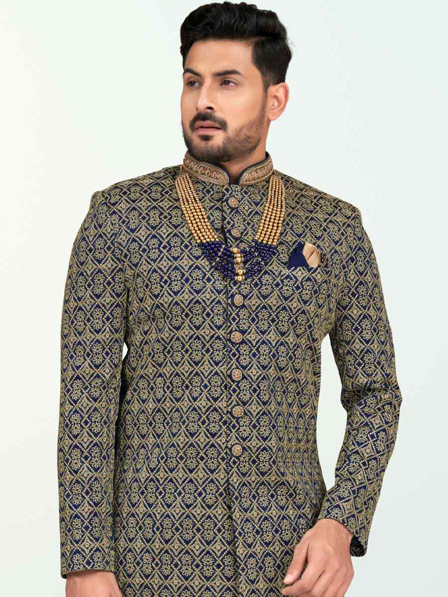 Nevy Blue Banarasi Silk Embroidered Wedding Festival Sherwani