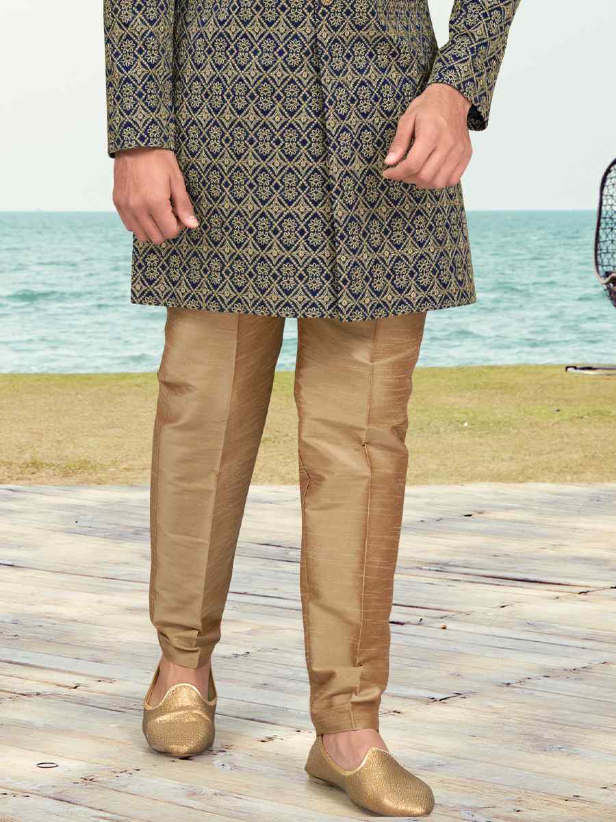 Nevy Blue Banarasi Silk Embroidered Wedding Festival Sherwani