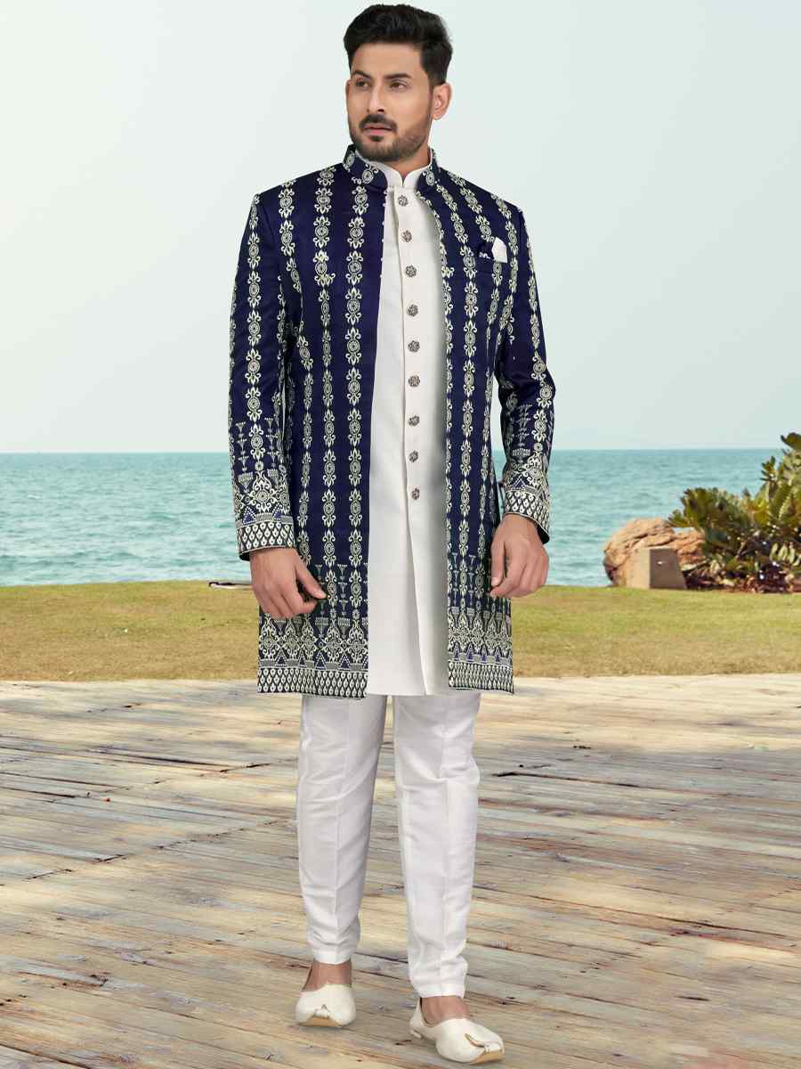 Nevy Blue Banarasi Silk Embroidered Wedding Festival Sherwani