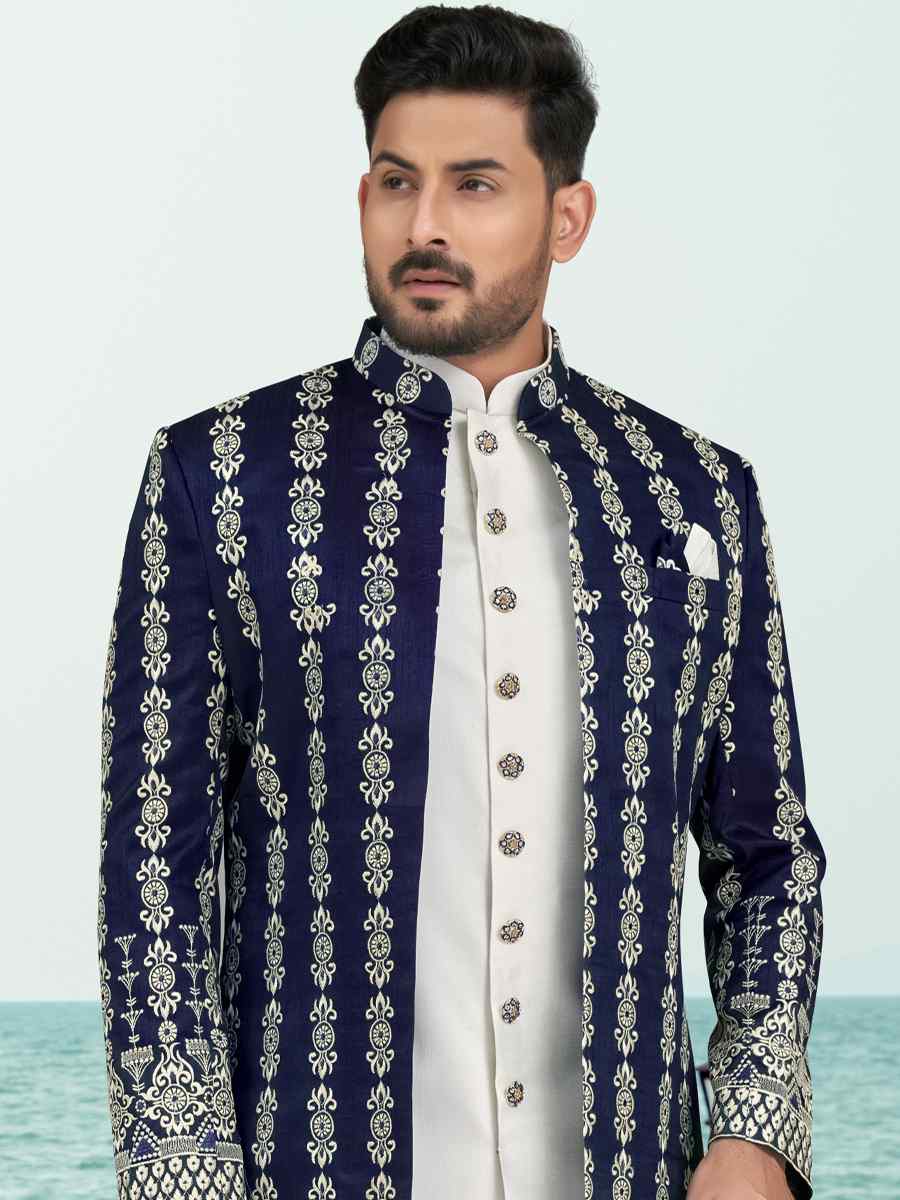 Nevy Blue Banarasi Silk Embroidered Wedding Festival Sherwani