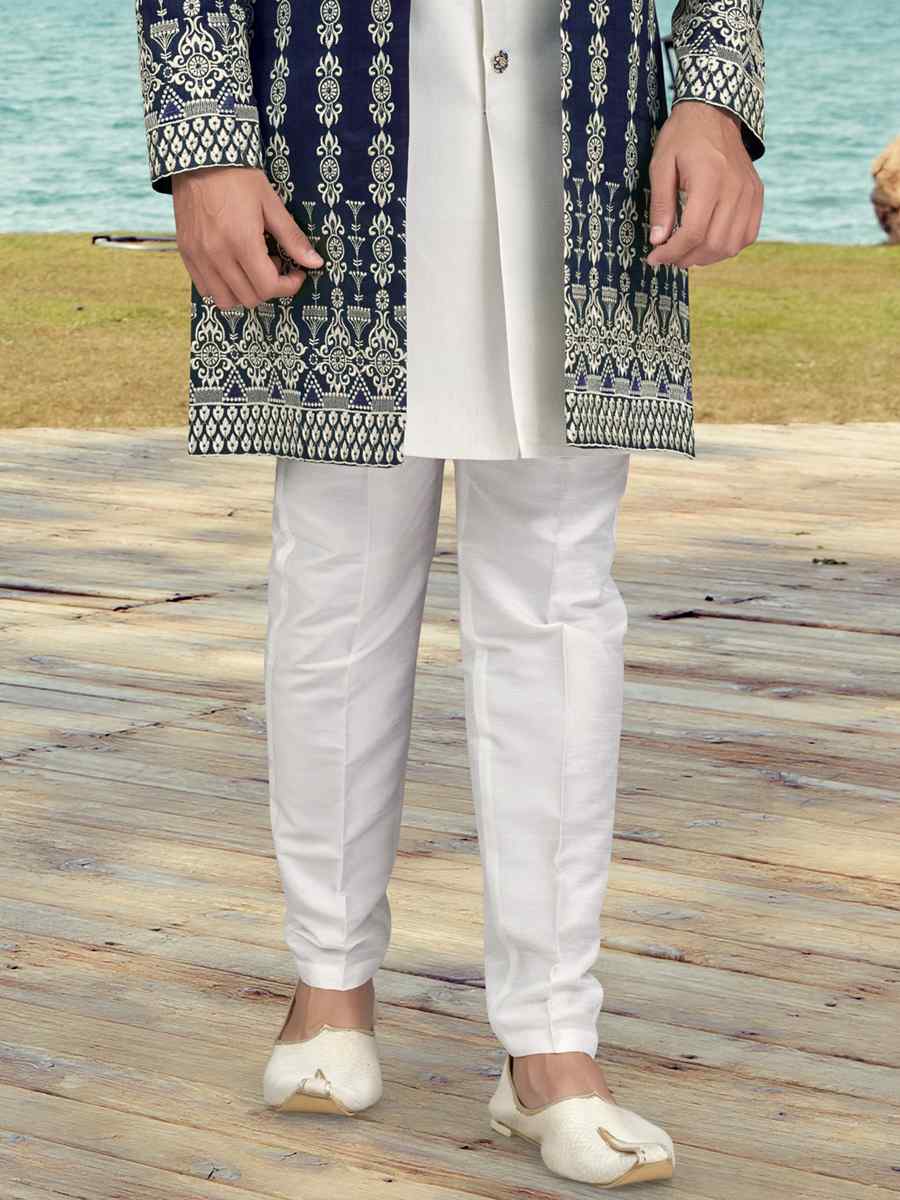 Nevy Blue Banarasi Silk Embroidered Wedding Festival Sherwani