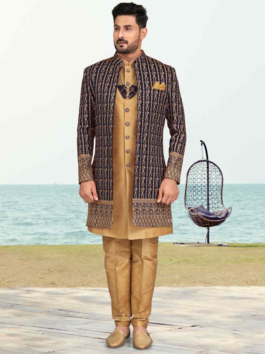 Nevy Blue Banarasi Silk Embroidered Wedding Festival Sherwani