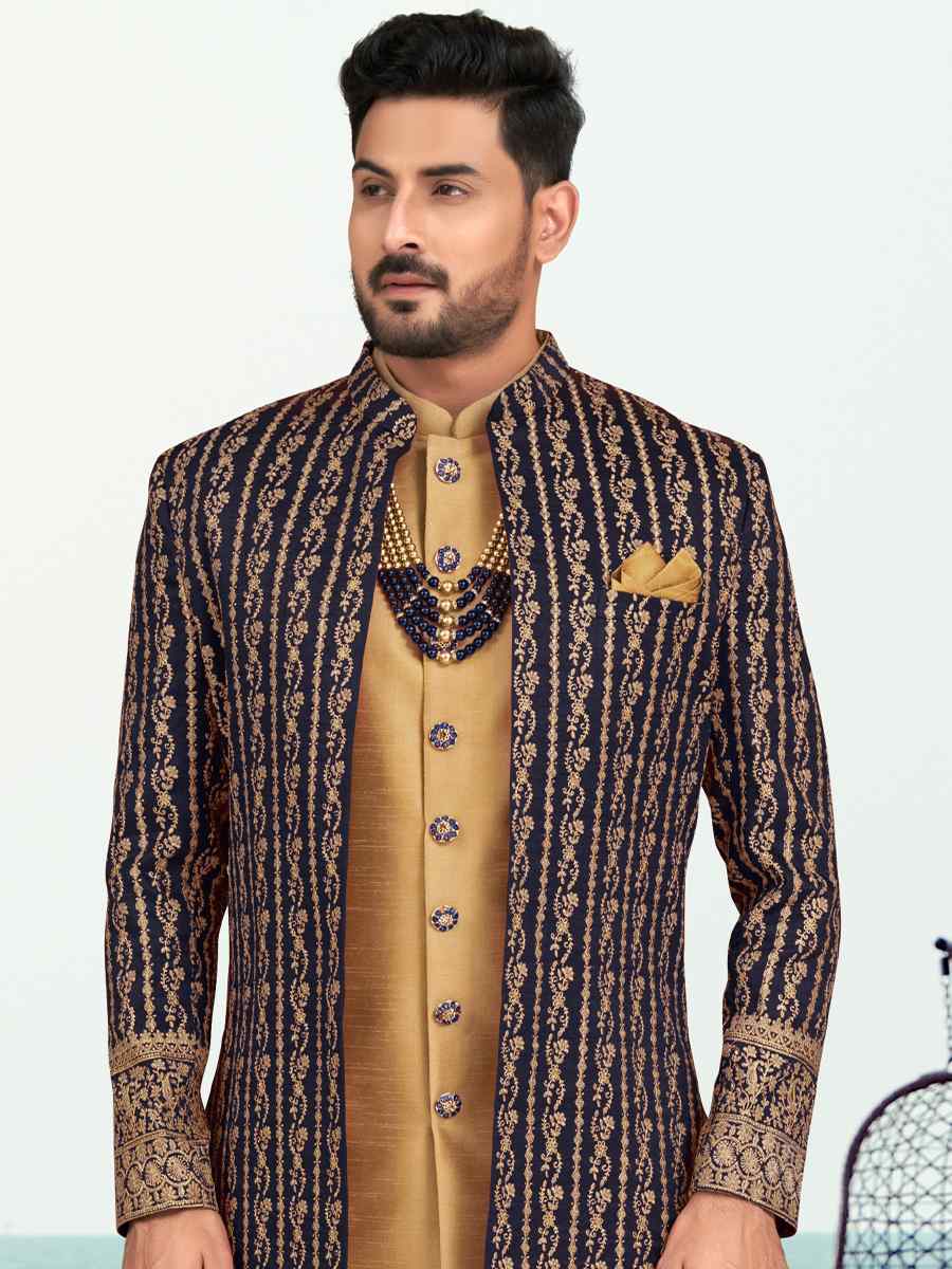 Nevy Blue Banarasi Silk Embroidered Wedding Festival Sherwani