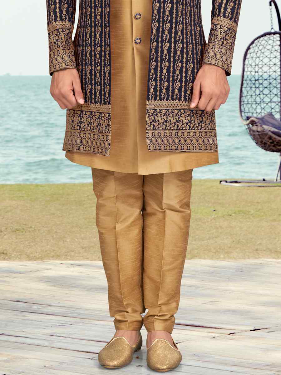 Nevy Blue Banarasi Silk Embroidered Wedding Festival Sherwani