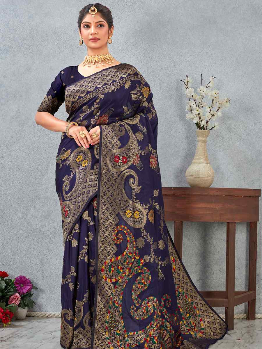 Nevy Blue Banarasi Silk Handwoven Traditional Casual Reception Festival Wedding Fancy Heavy Border Saree