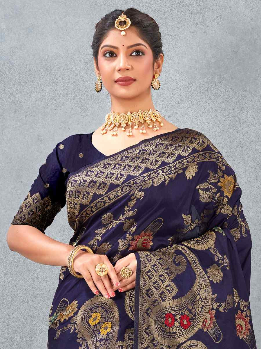 Nevy Blue Banarasi Silk Handwoven Traditional Casual Reception Festival Wedding Fancy Heavy Border Saree