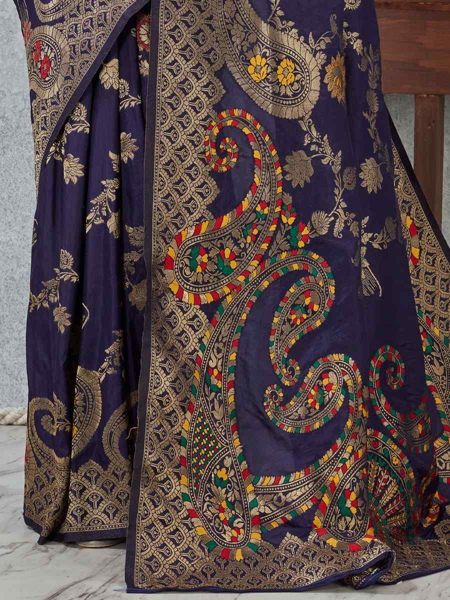 Nevy Blue Banarasi Silk Handwoven Traditional Casual Reception Festival Wedding Fancy Heavy Border Saree