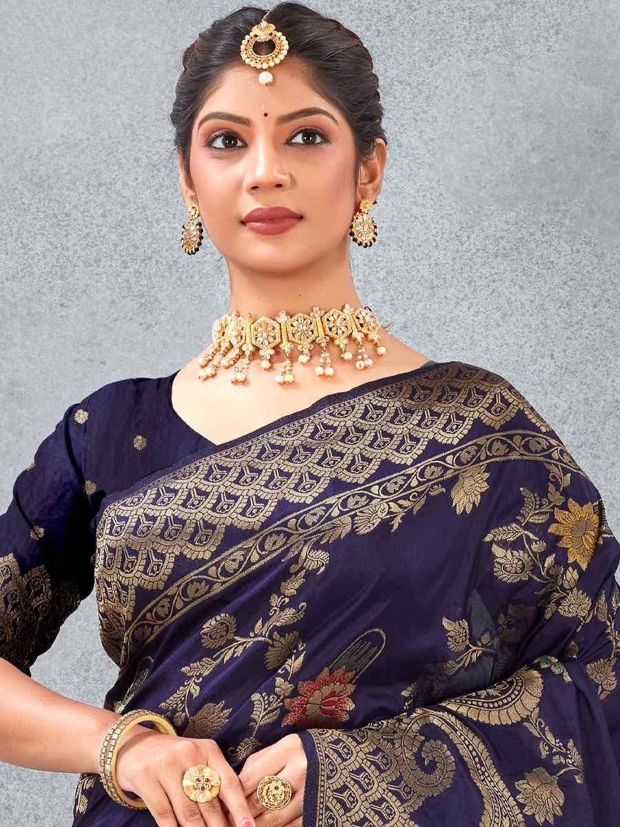 Nevy Blue Banarasi Silk Handwoven Traditional Casual Reception Festival Wedding Fancy Heavy Border Saree