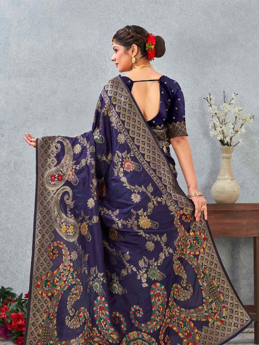 Nevy Blue Banarasi Silk Handwoven Traditional Casual Reception Festival Wedding Fancy Heavy Border Saree