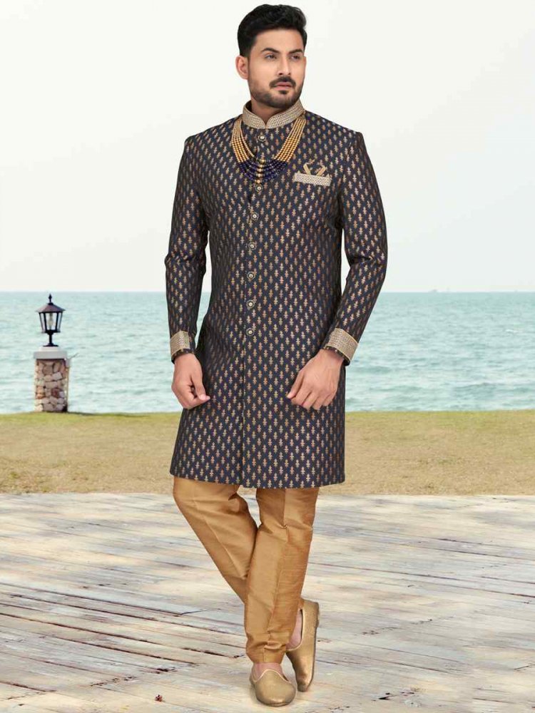 Nevy Blue Champion Silk Printed Festival Party Sherwani