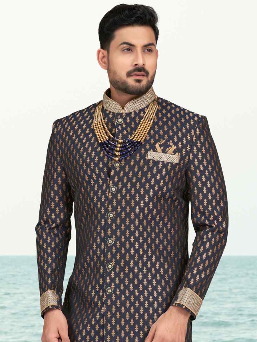 Nevy Blue Champion Silk Printed Festival Party Sherwani