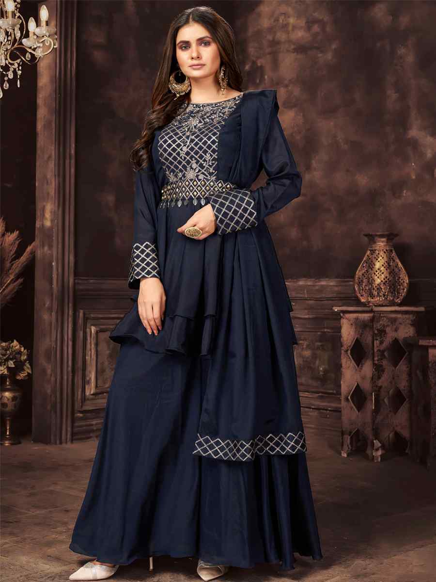 Nevy Blue Chinon Embroidered Party Engagement Sharara Pant Salwar Kameez