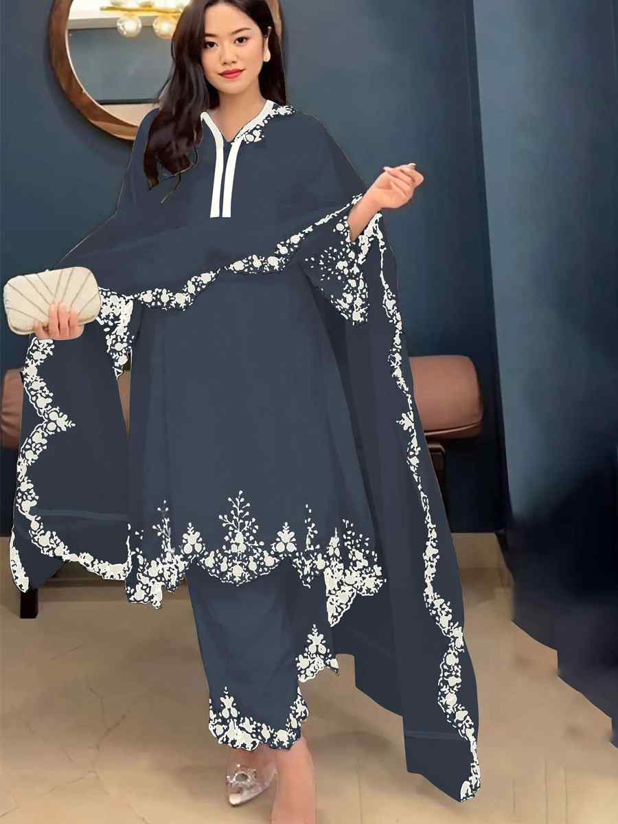 Nevy Blue Faux Georgette Embroidered Party Casual Ready Palazzo Pant Salwar Kameez