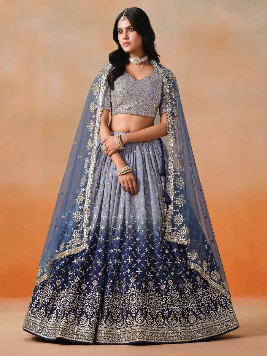 Nevy Blue Georgette Embroidered Festival Party Wear Circular Lehenga Choli